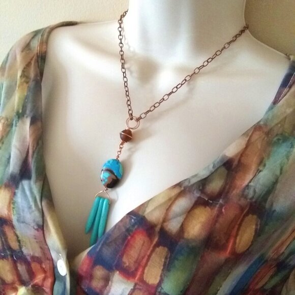 Boho Southwestern Wild Child Vibes! X-Long Turquoise & Brown Statement Necklace - Picture 8 of 12